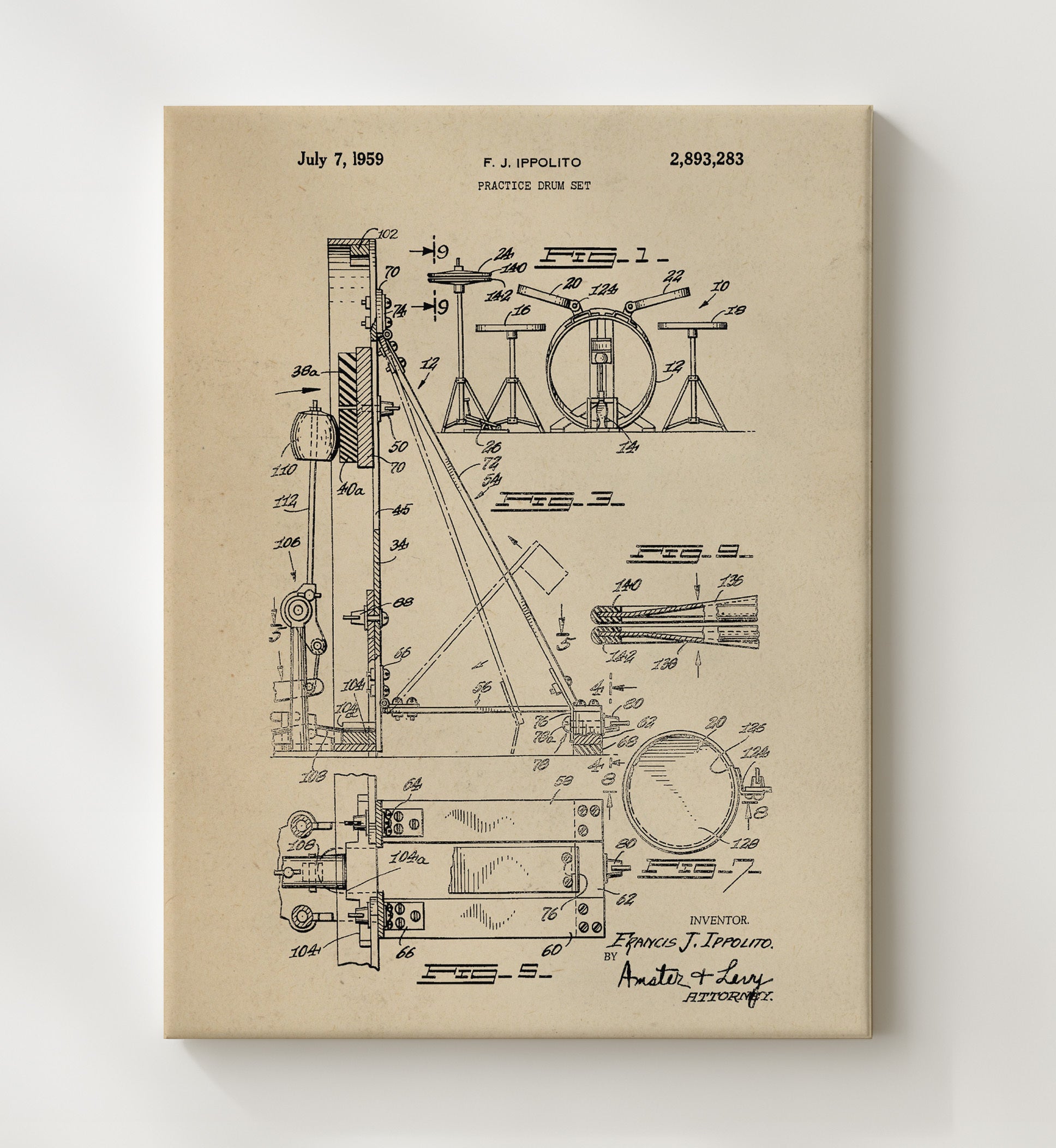 Patent Print - Practice Drum Set - Francis J. Ippolito - 1959 - Patent 2893283 Patent Wall Art