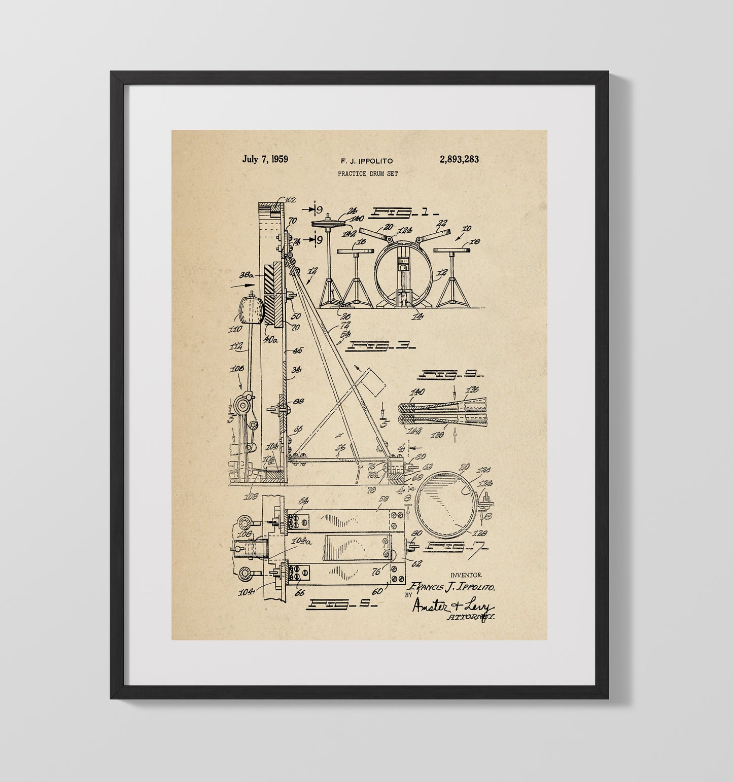 Patent Print - Practice Drum Set - Francis J. Ippolito - 1959 - Patent 2893283 Patent Wall Art