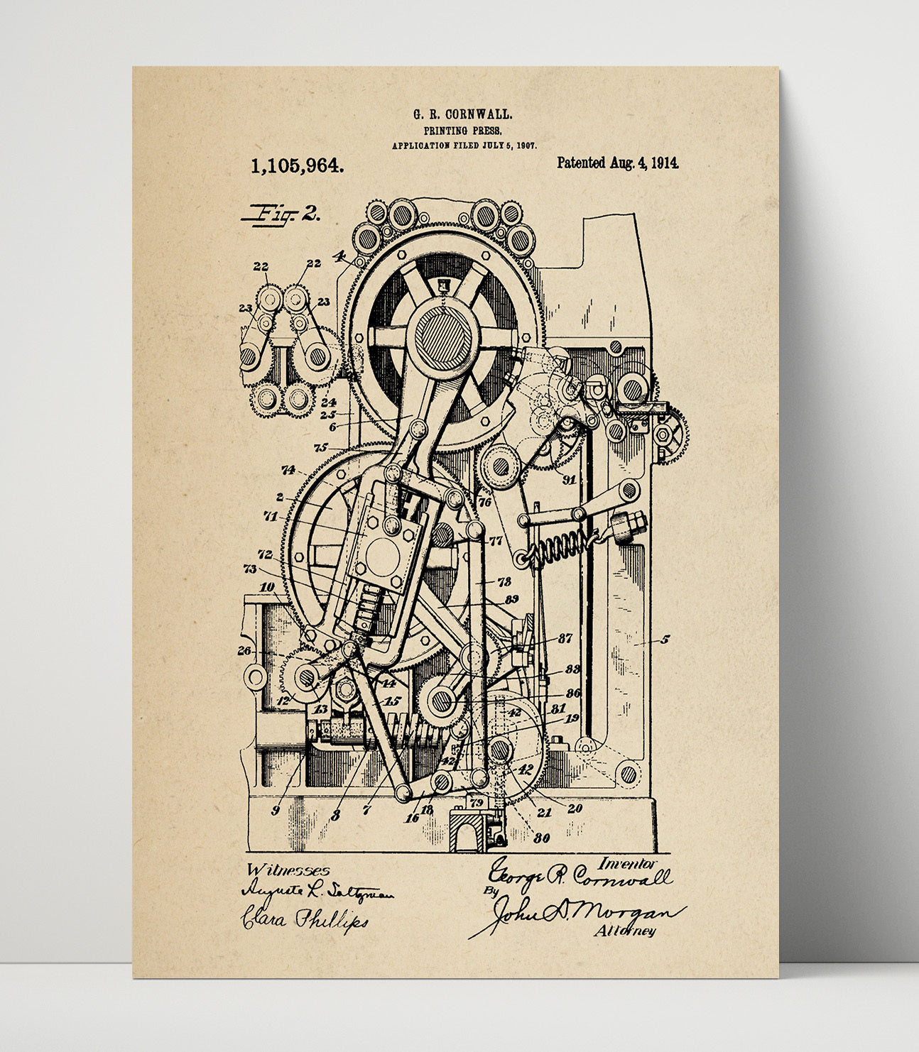 Patent Print - Printing Press - George R. Cornwall - 1914 - Patent 1105964 Patent Wall Art
