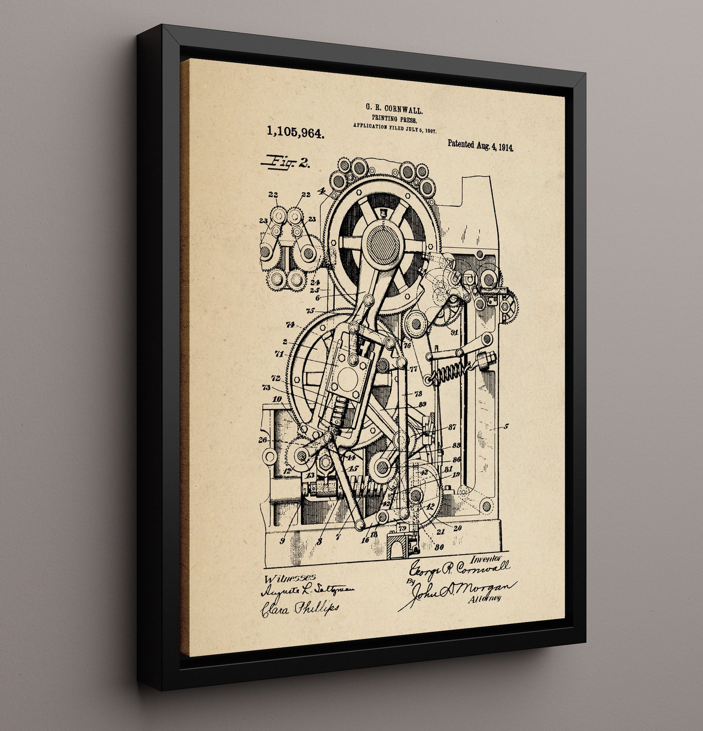 Patent Print - Printing Press - George R. Cornwall - 1914 - Patent 1105964 Patent Wall Art