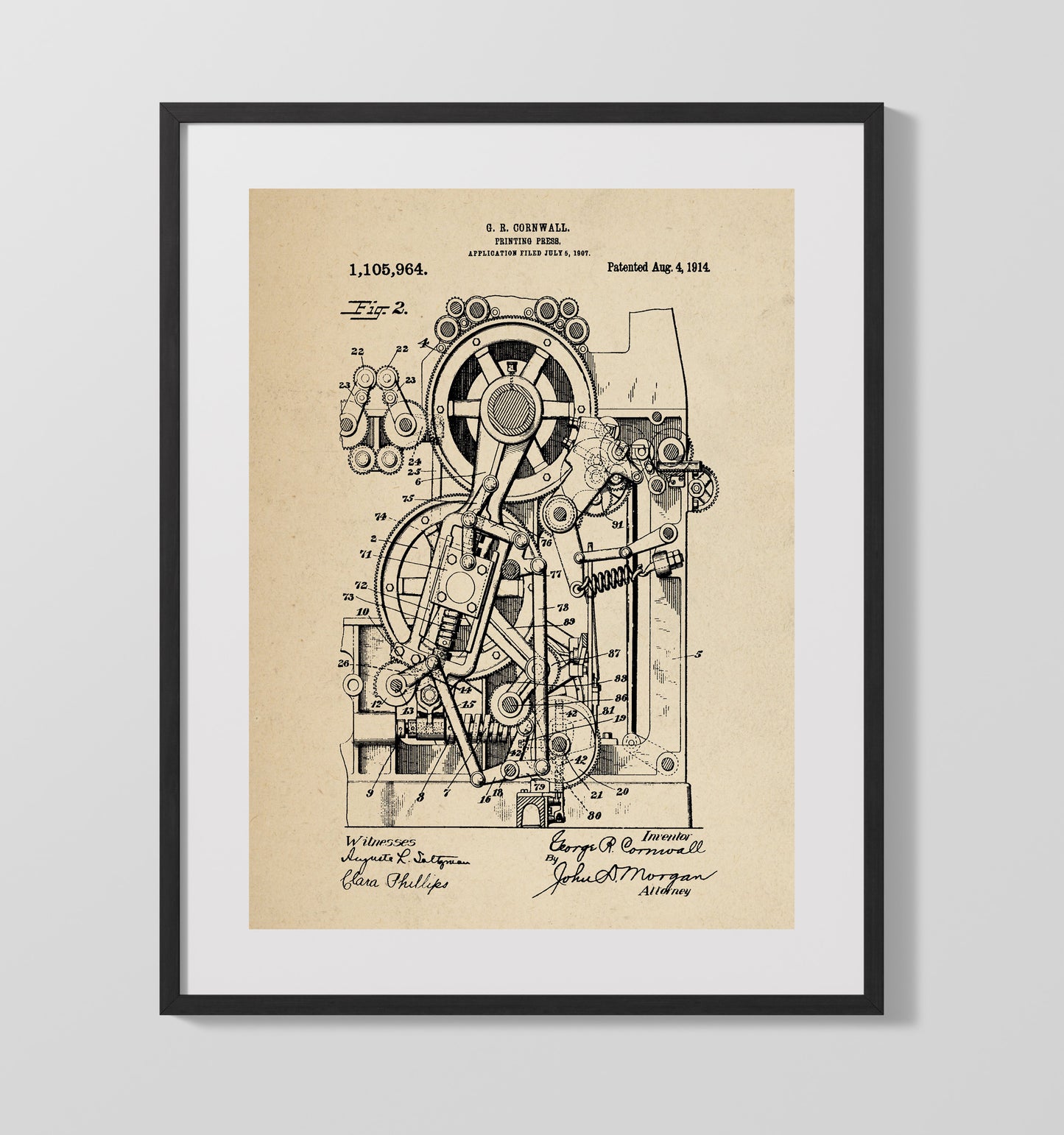 Patent Print - Printing Press - George R. Cornwall - 1914 - Patent 1105964 Patent Wall Art