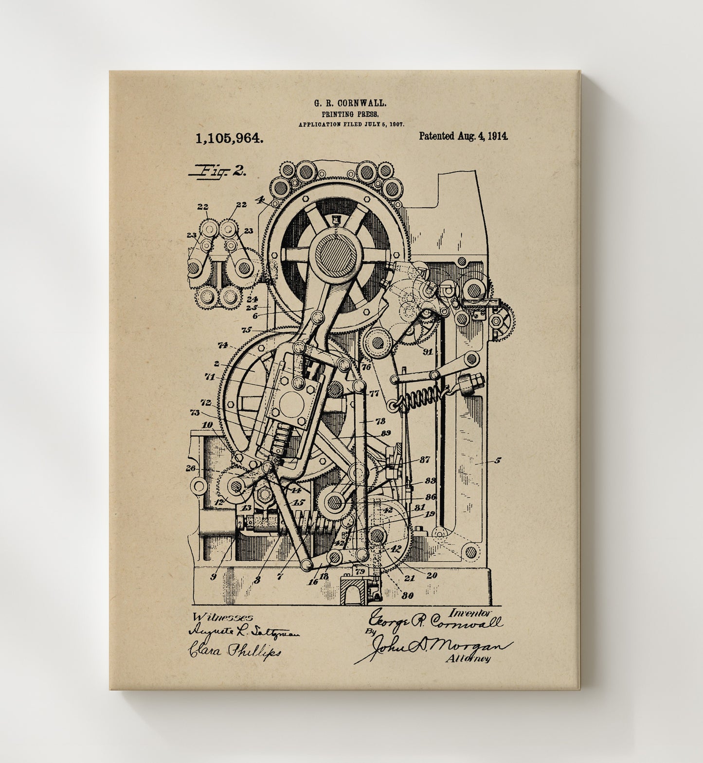 Patent Print - Printing Press - George R. Cornwall - 1914 - Patent 1105964 Patent Wall Art