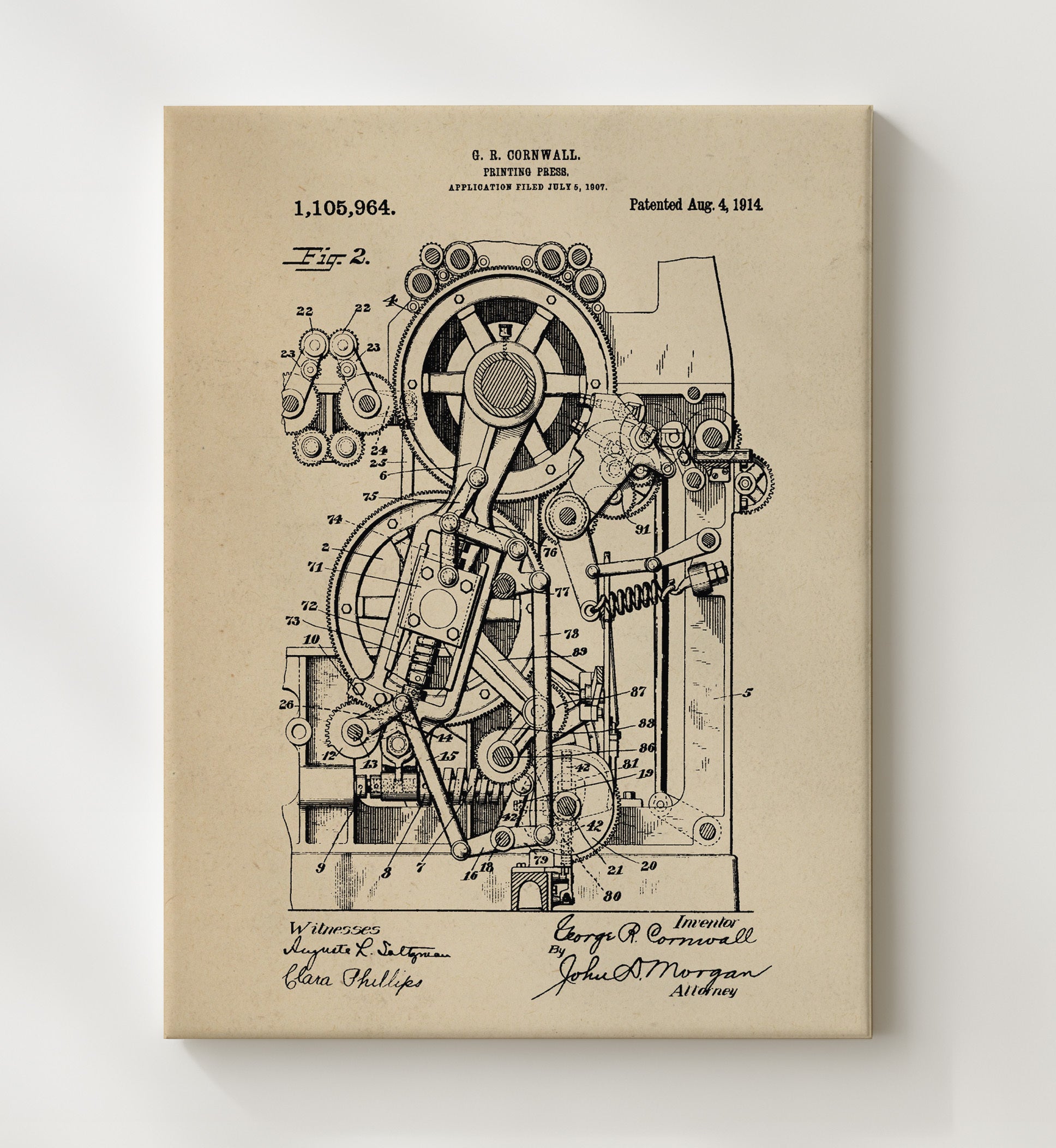 Patent Print - Printing Press - George R. Cornwall - 1914 - Patent 1105964 Patent Wall Art