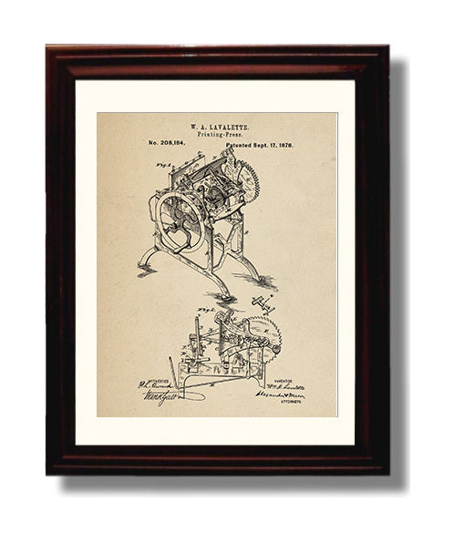 Patent Print - Printing Press - W. A. Lavalette - 1878 - Patent 208184 Patent Wall Art