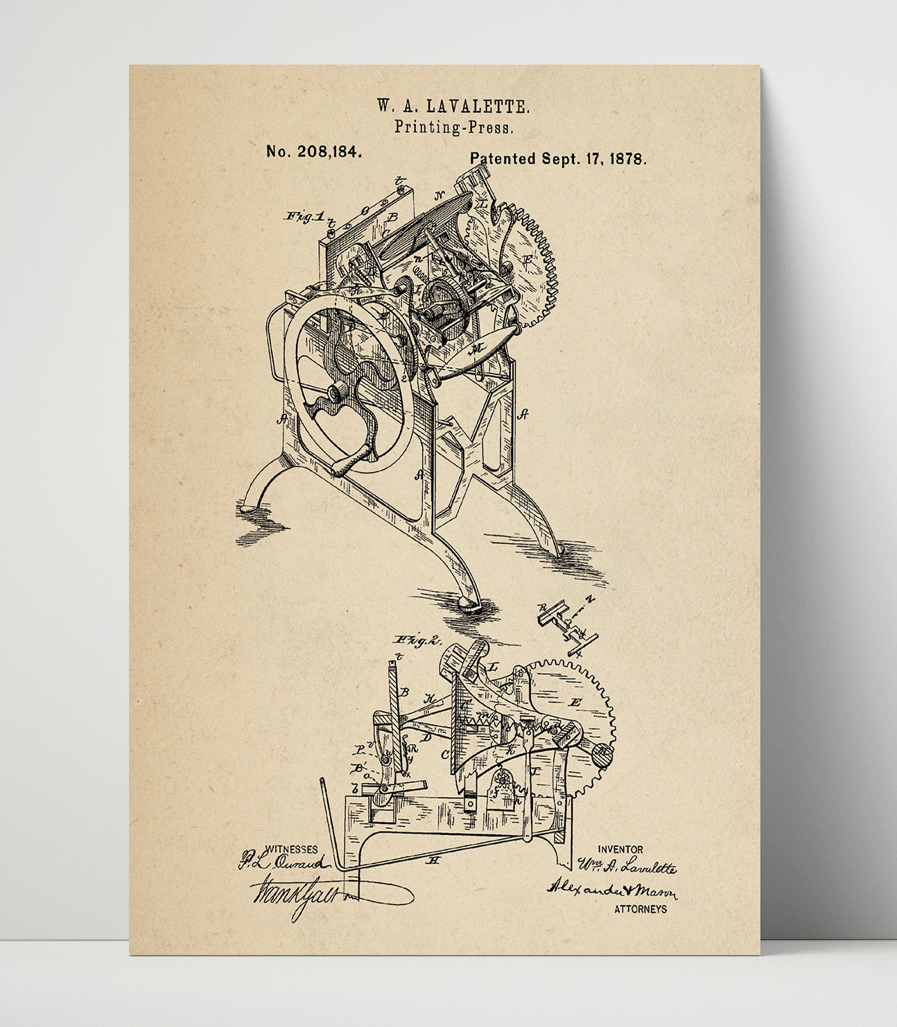 Patent Print - Printing Press - W. A. Lavalette - 1878 - Patent 208184 Patent Wall Art