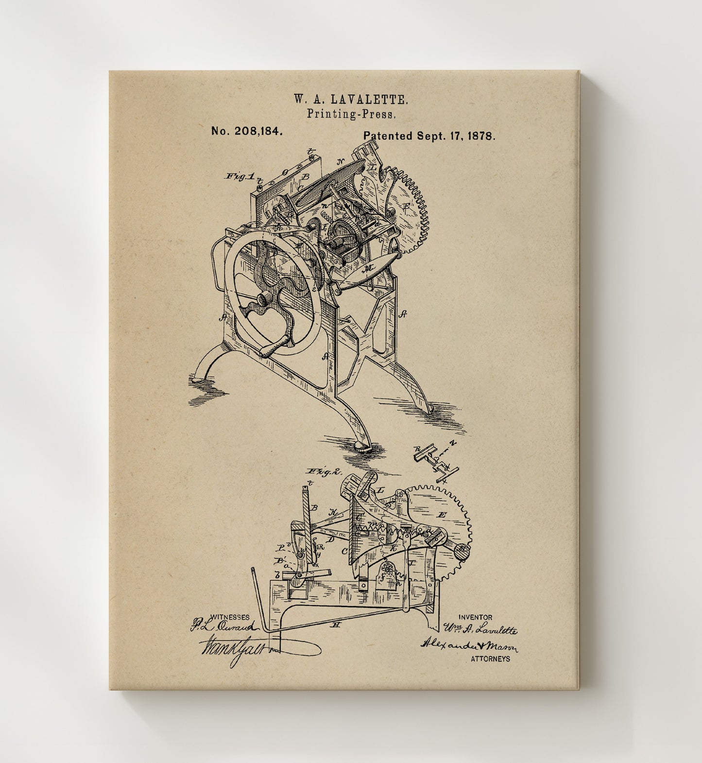 Patent Print - Printing Press - W. A. Lavalette - 1878 - Patent 208184 Patent Wall Art