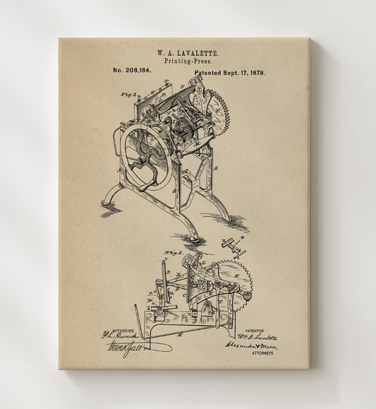 Printing Press 1878 patent print wall art 8x10 Canvas