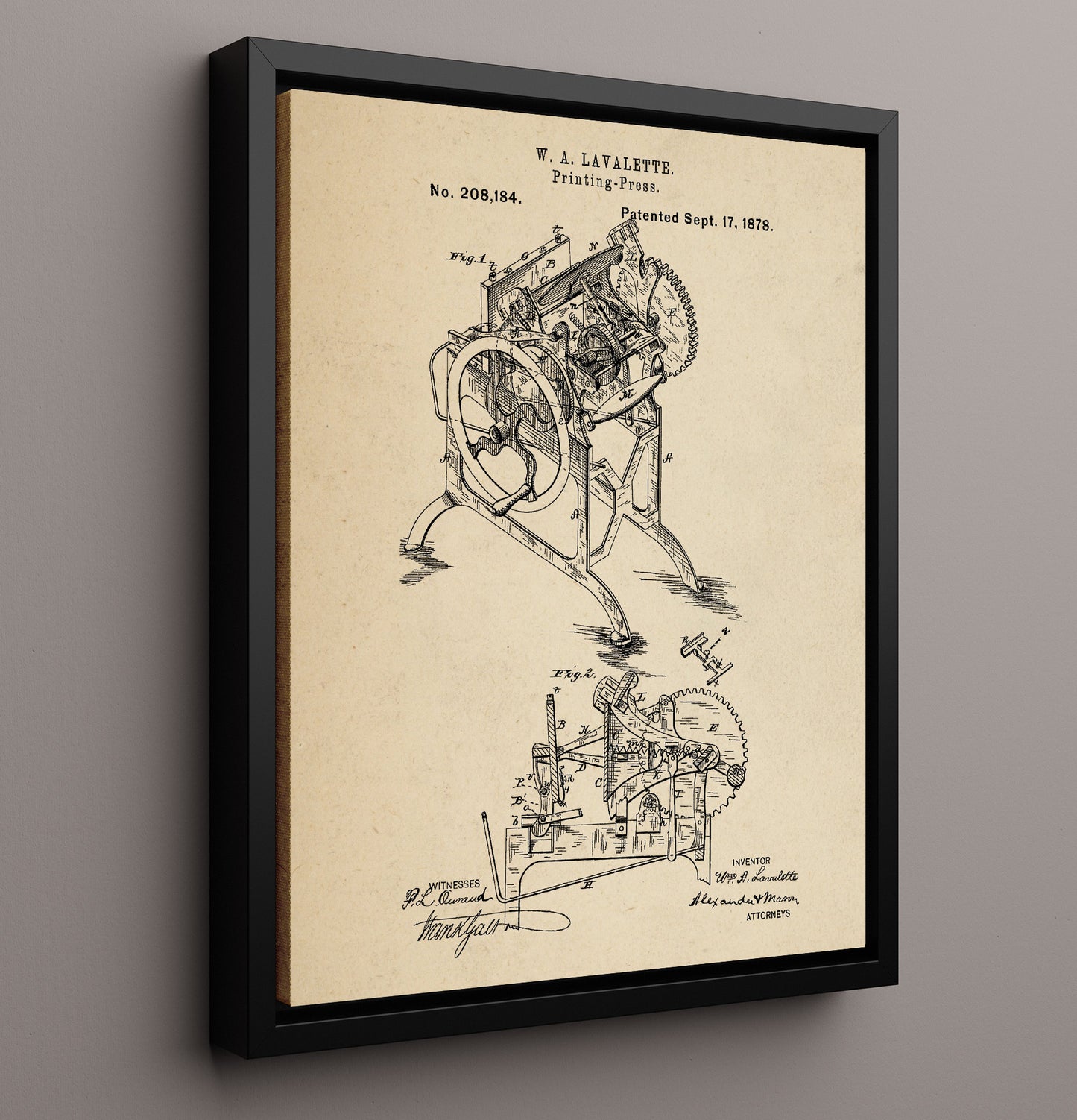 Patent Print - Printing Press - W. A. Lavalette - 1878 - Patent 208184 Patent Wall Art