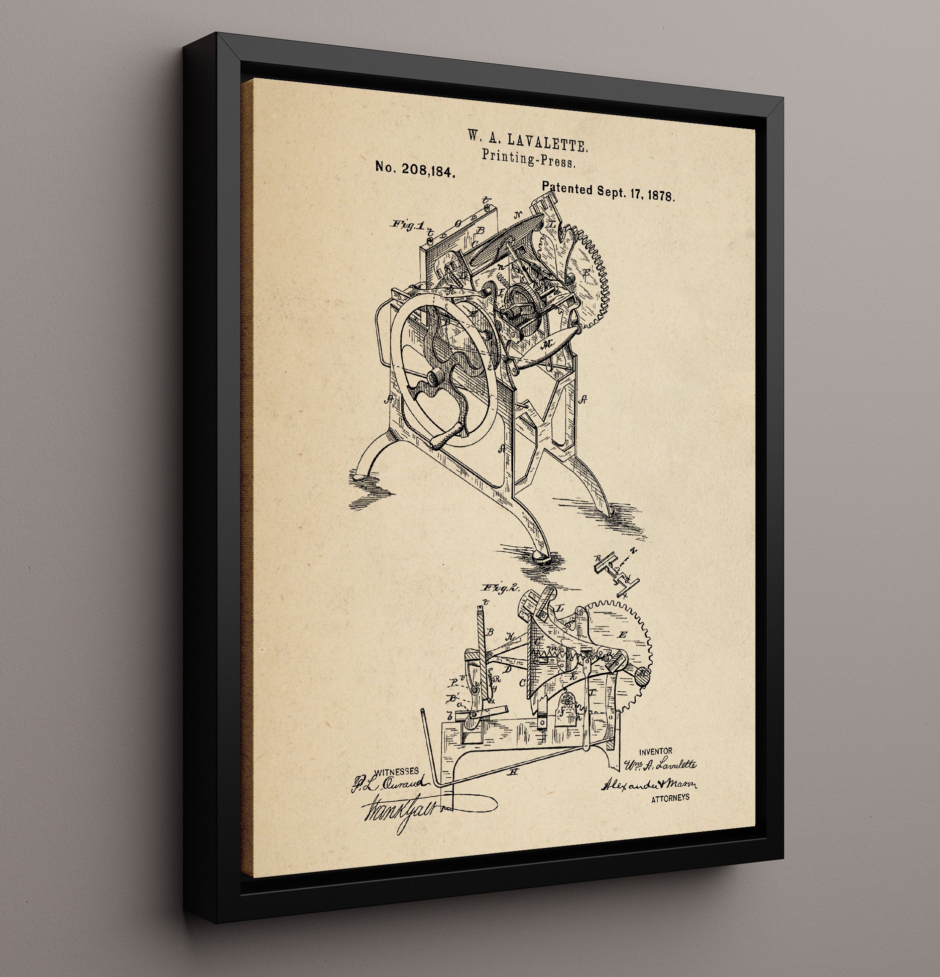 Patent Print - Printing Press - W. A. Lavalette - 1878 - Patent 208184 Patent Wall Art