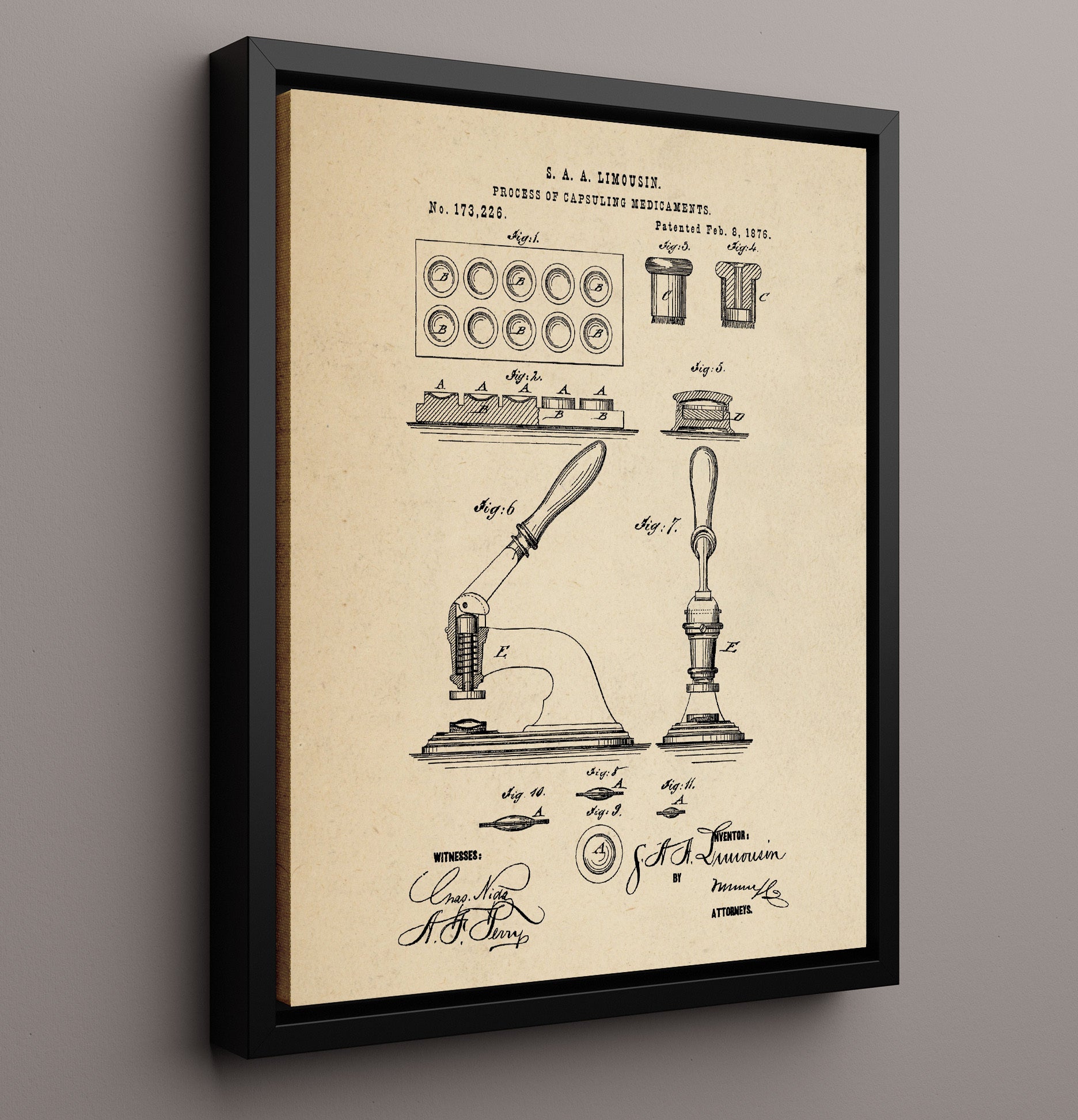 Patent Print - Process Of Capsuling Medicaments - S. A. A. Limousin - 1876 - Patent 173226 Patent Wall Art
