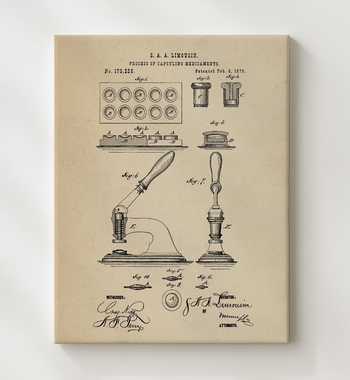 Patent Print - Process Of Capsuling Medicaments - S. A. A. Limousin - 1876 - Patent 173226 Patent Wall Art