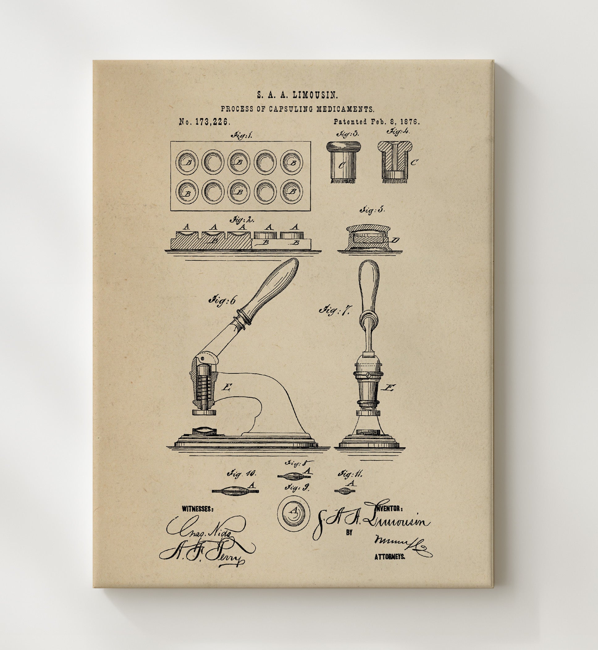Patent Print - Process Of Capsuling Medicaments - S. A. A. Limousin - 1876 - Patent 173226 Patent Wall Art