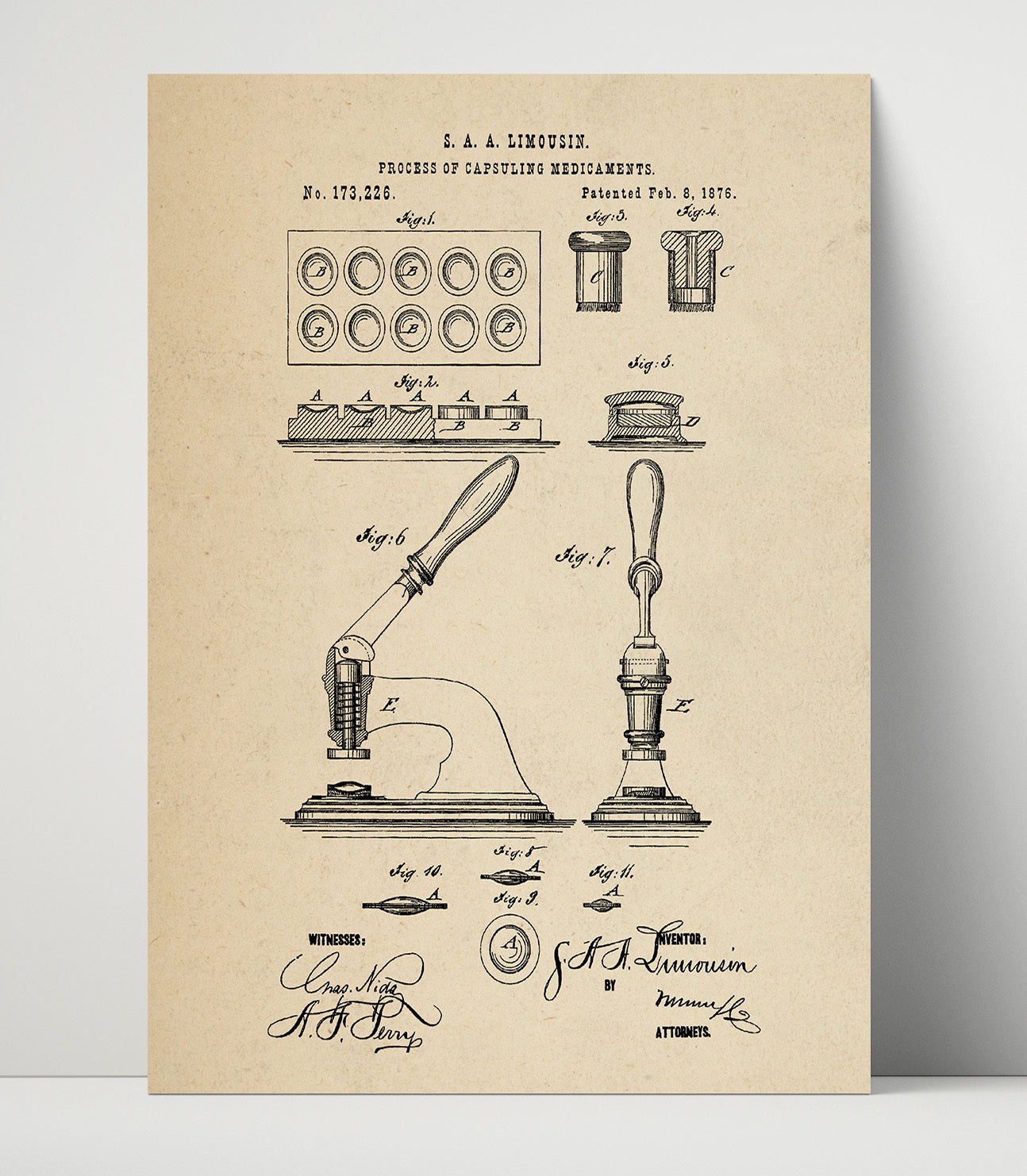 Patent Print - Process Of Capsuling Medicaments - S. A. A. Limousin - 1876 - Patent 173226 Patent Wall Art