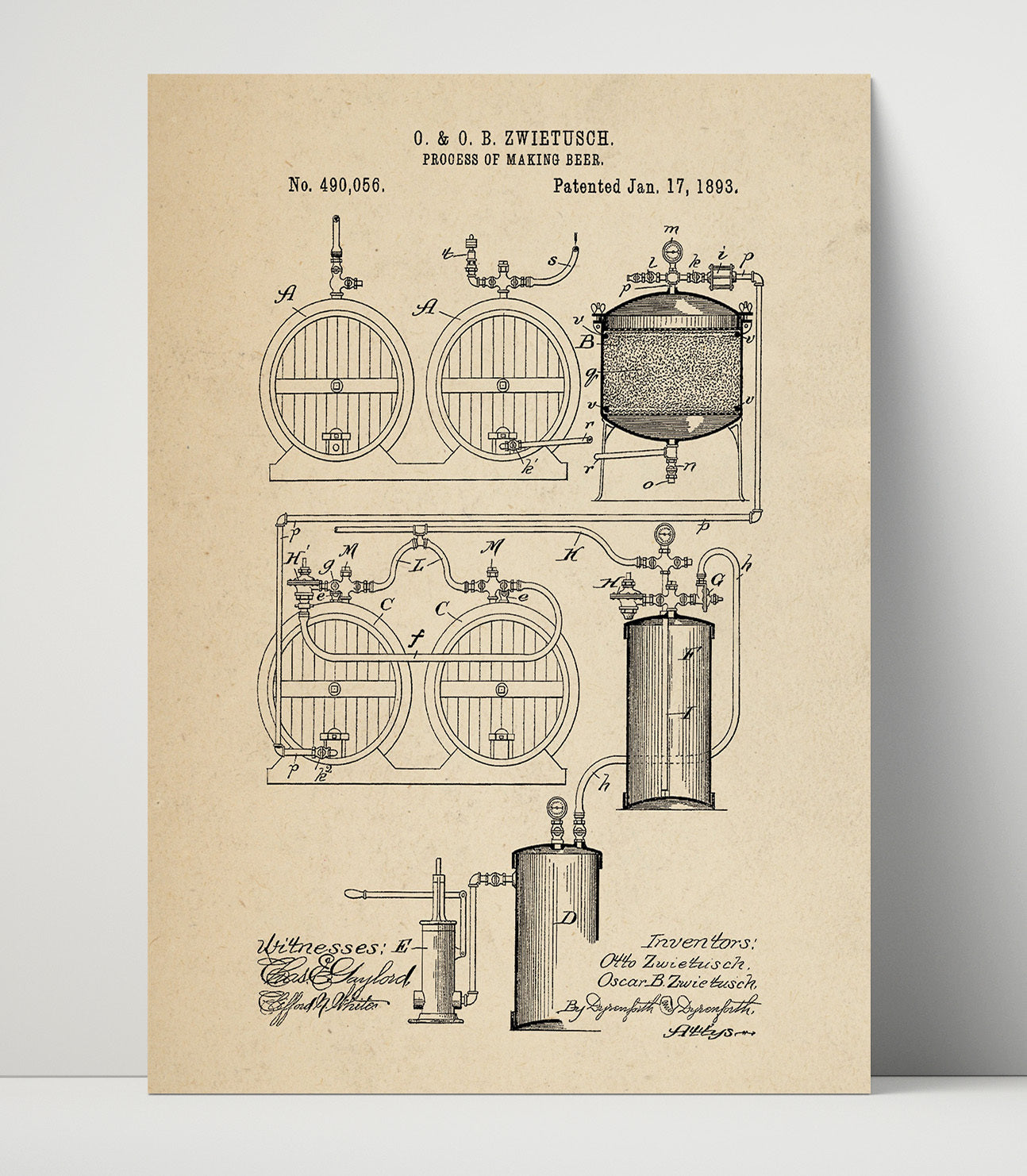 Patent Print - Process Of Making Beer - O. And O.B. Zwietusch - 1893 - Patent 490056 Patent Wall Art