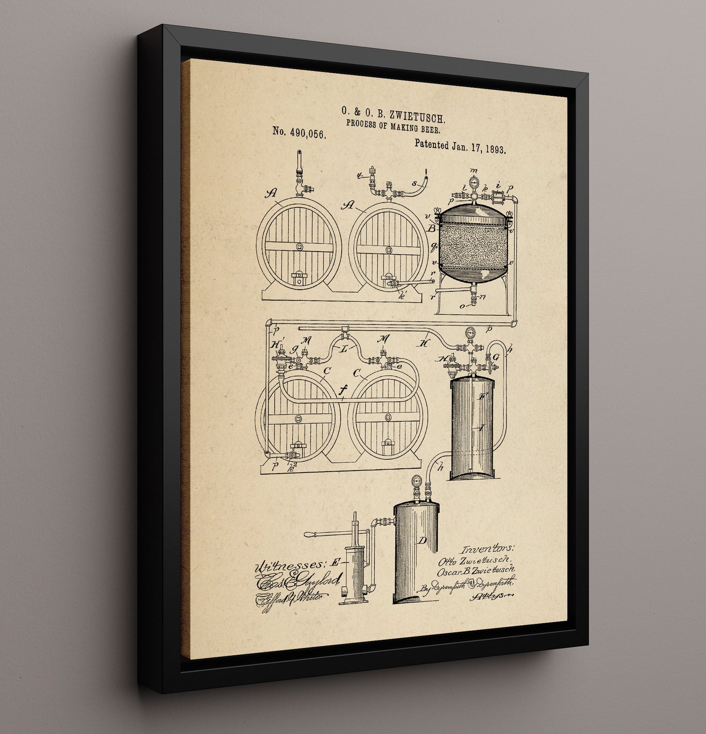 Patent Print - Process Of Making Beer - O. And O.B. Zwietusch - 1893 - Patent 490056 Patent Wall Art