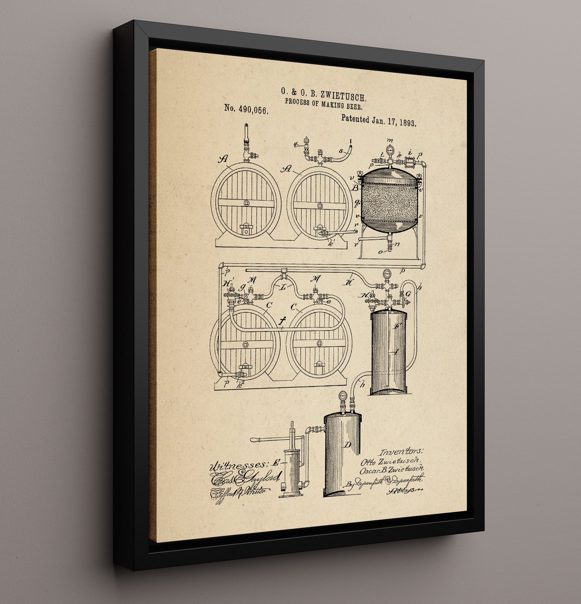 Patent Print - Process Of Making Beer - O. And O.B. Zwietusch - 1893 - Patent 490056 Patent Wall Art