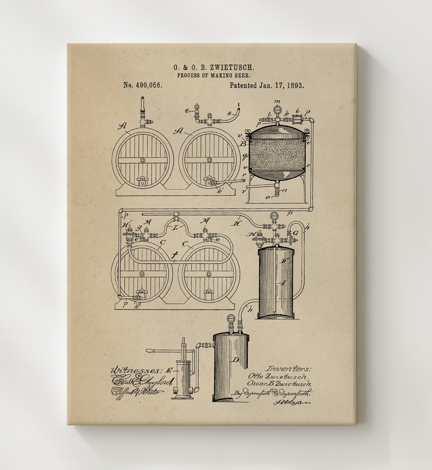 Patent Print - Process Of Making Beer - O. And O.B. Zwietusch - 1893 - Patent 490056 Patent Wall Art