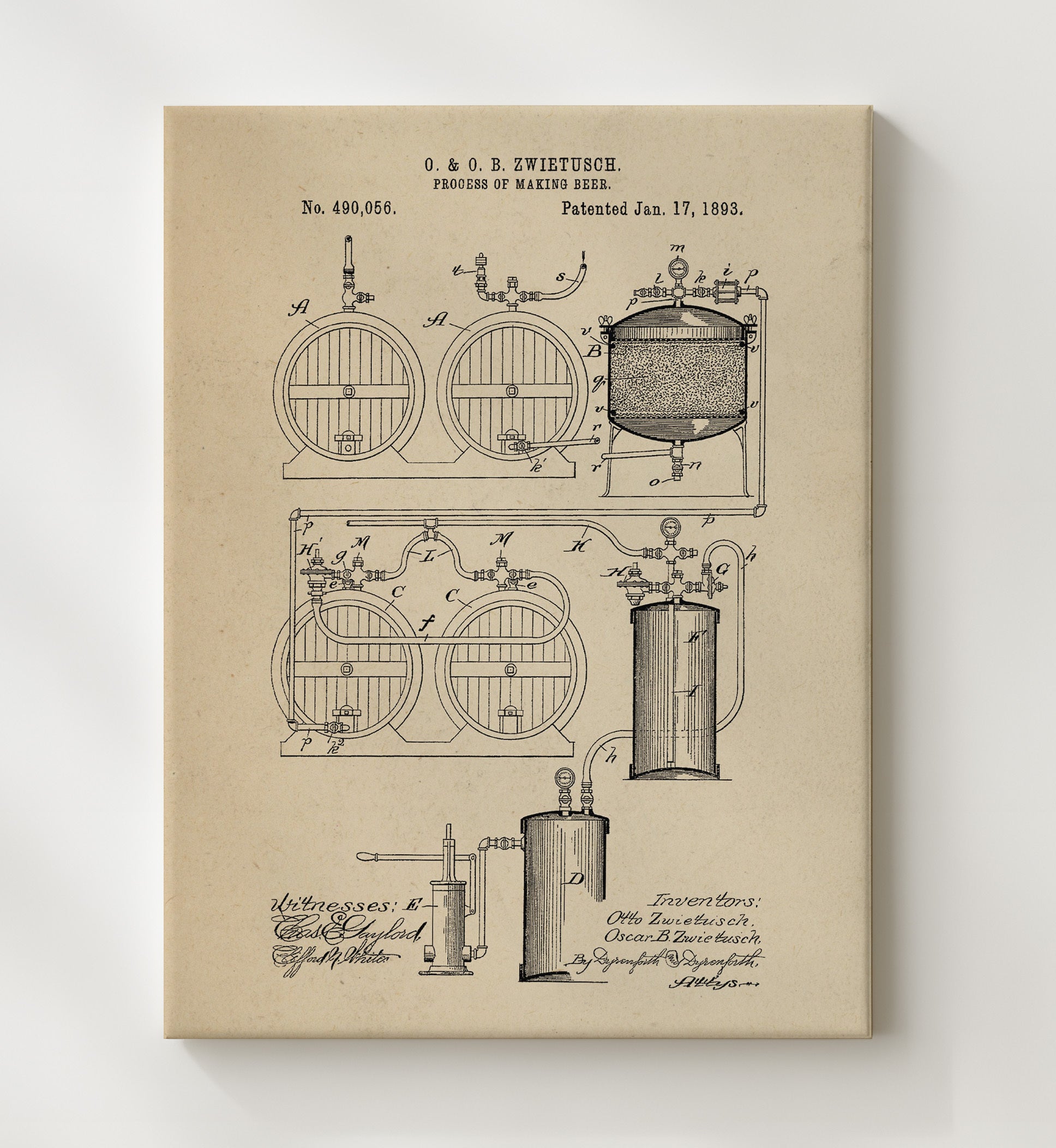 Patent Print - Process Of Making Beer - O. And O.B. Zwietusch - 1893 - Patent 490056 Patent Wall Art