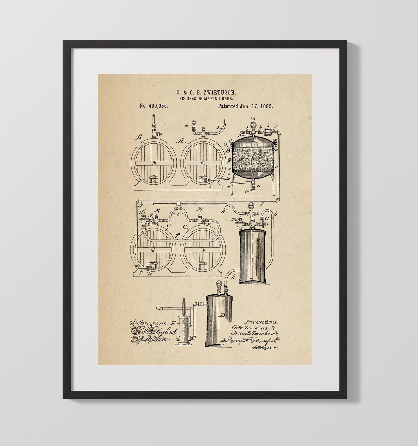Patent Print - Process Of Making Beer - O. And O.B. Zwietusch - 1893 - Patent 490056 Patent Wall Art