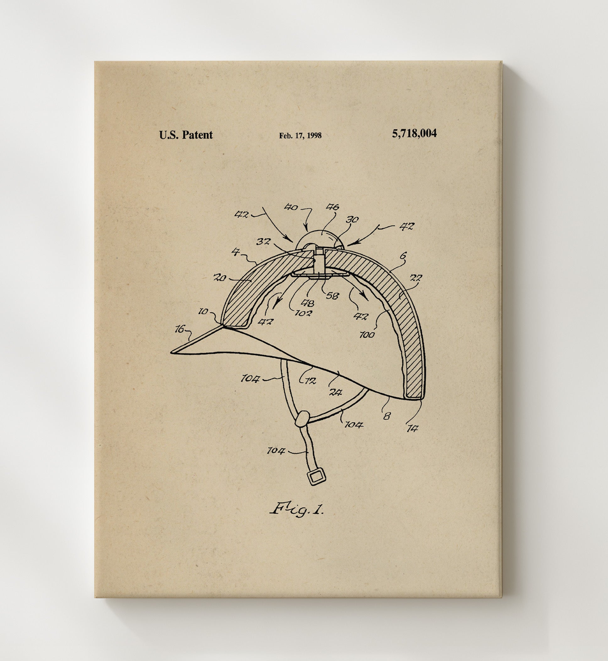 Patent Print - Protective Riding Helmet - Unknown - 1998 - Patent 5718004 Patent Wall Art