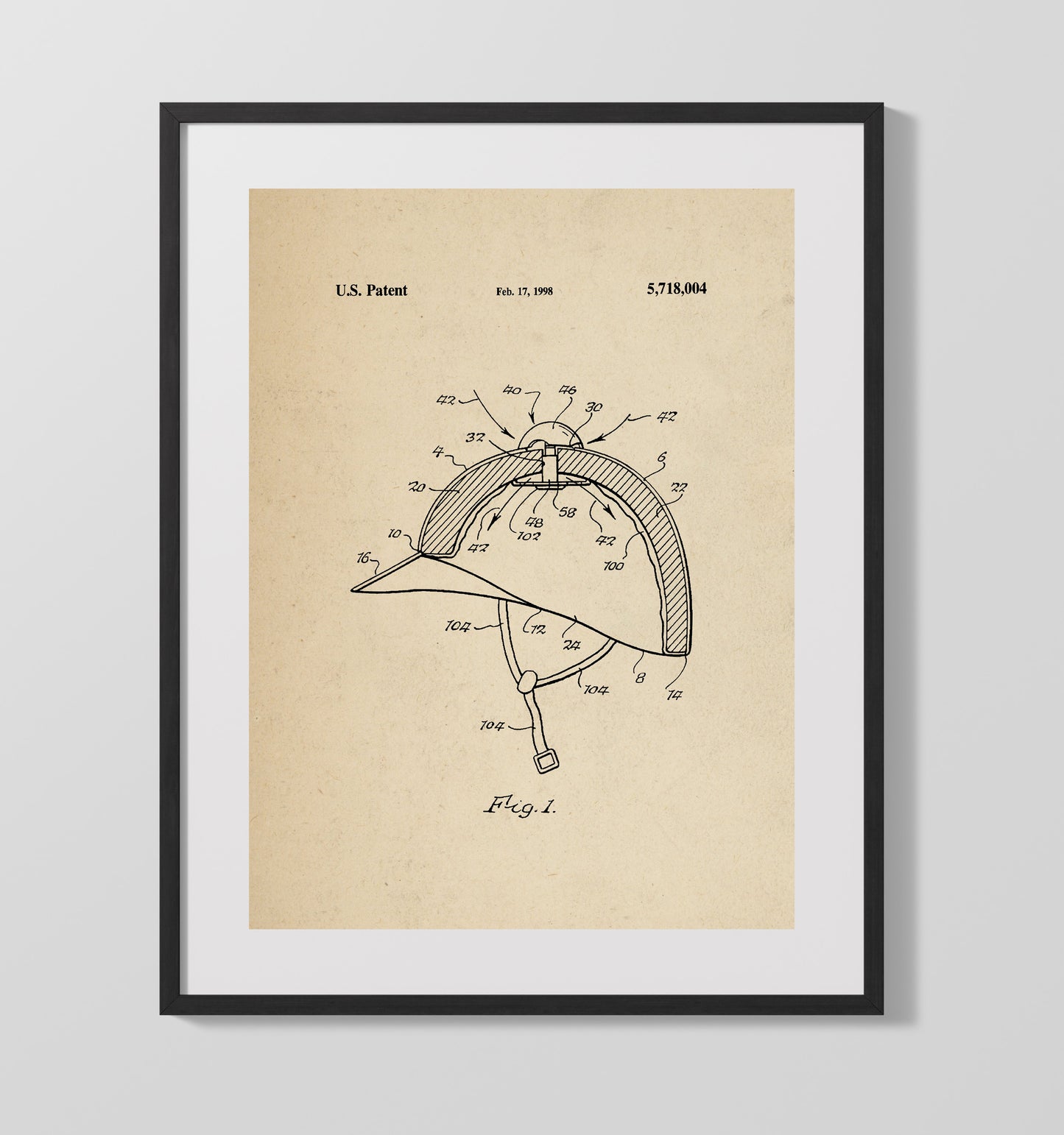 Patent Print - Protective Riding Helmet - Unknown - 1998 - Patent 5718004 Patent Wall Art