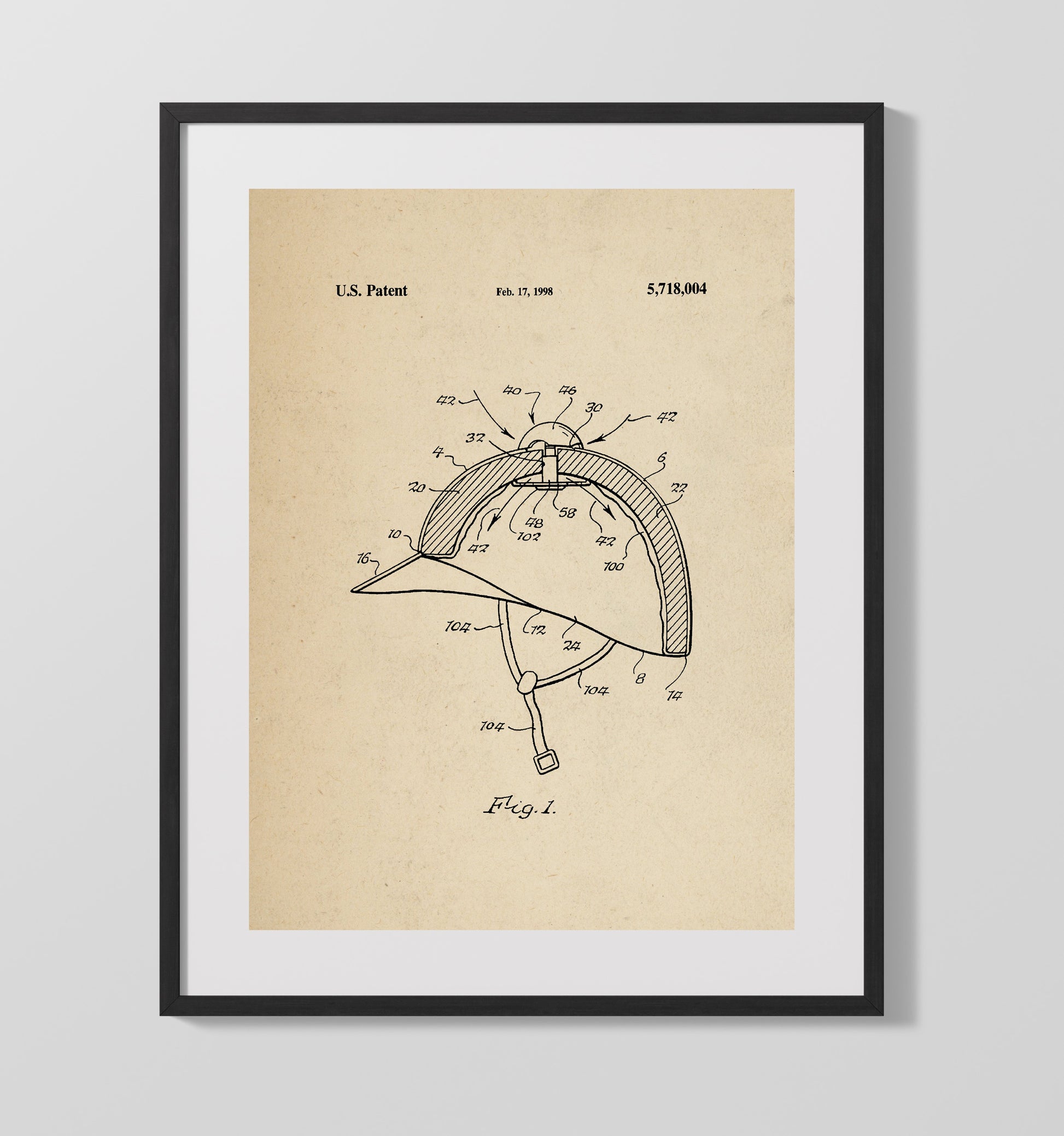 Patent Print - Protective Riding Helmet - Unknown - 1998 - Patent 5718004 Patent Wall Art