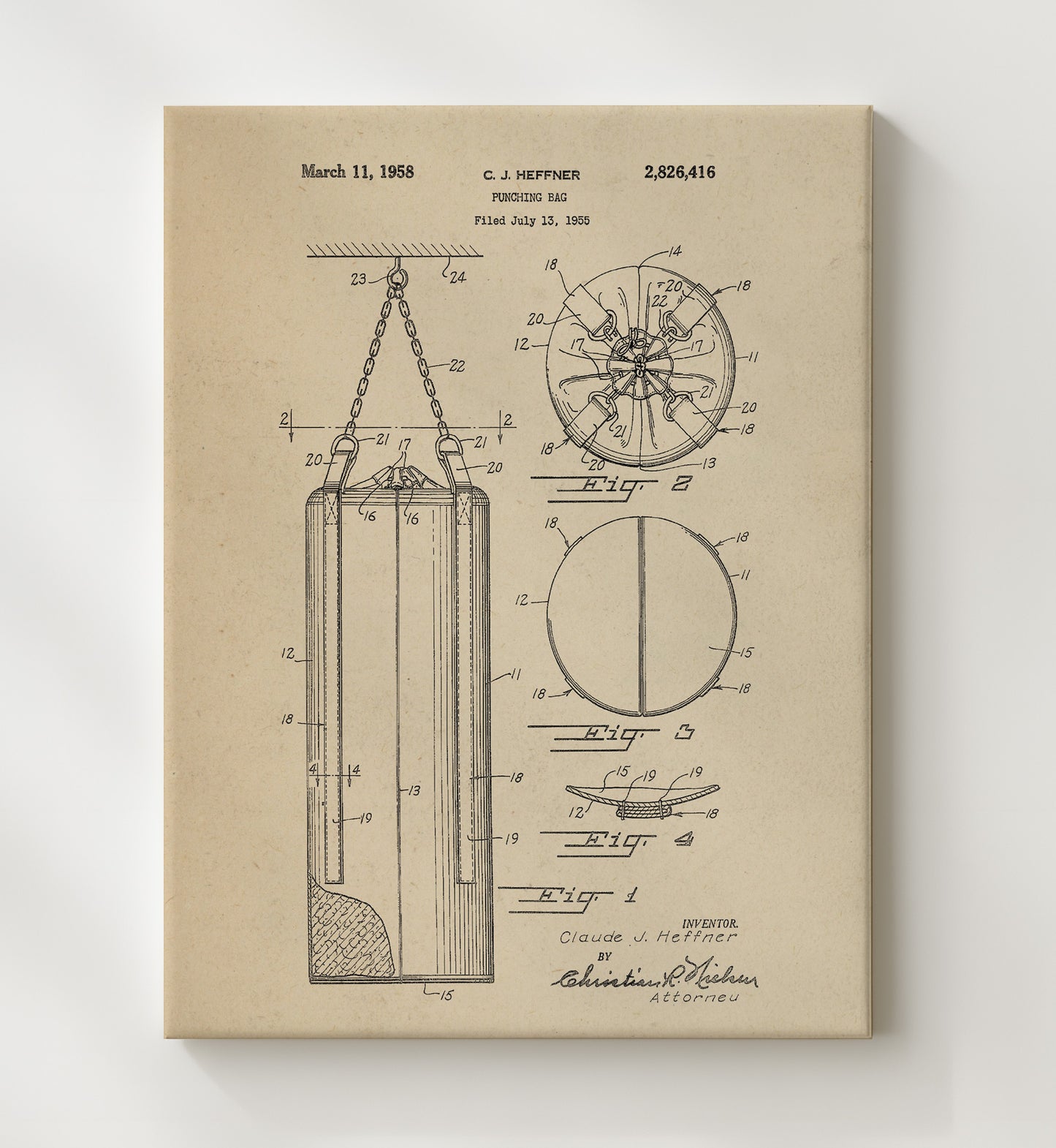 Patent Print - Punching Bag - C J Heffner - 1958 - Patent 2826416 Patent Wall Art