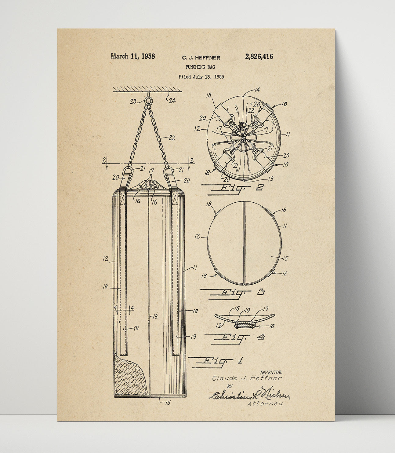 Patent Print - Punching Bag - C J Heffner - 1958 - Patent 2826416 Patent Wall Art