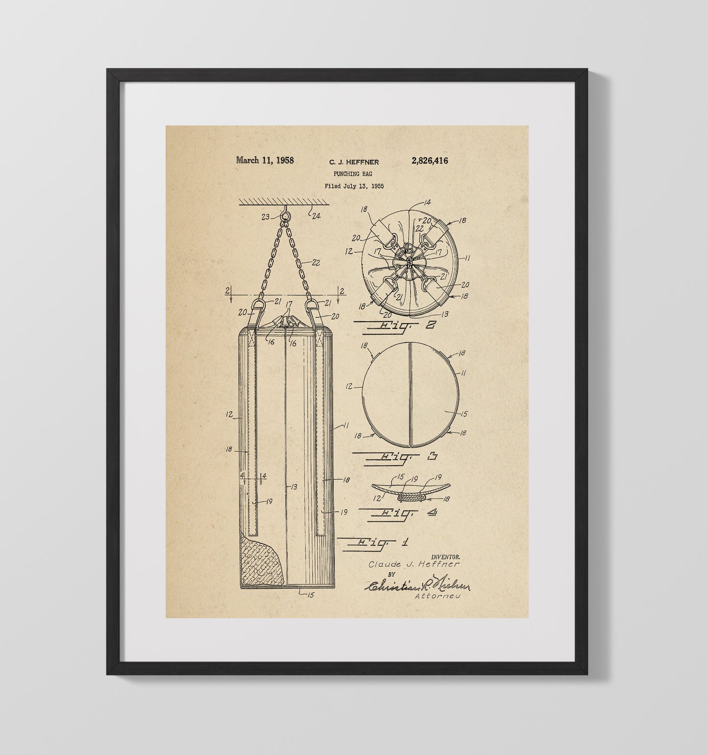 Patent Print - Punching Bag - C J Heffner - 1958 - Patent 2826416 Patent Wall Art