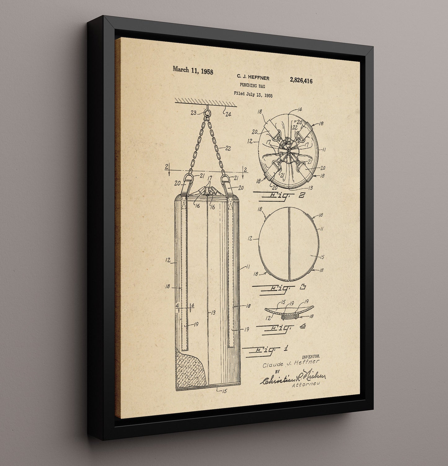 Patent Print - Punching Bag - C J Heffner - 1958 - Patent 2826416 Patent Wall Art