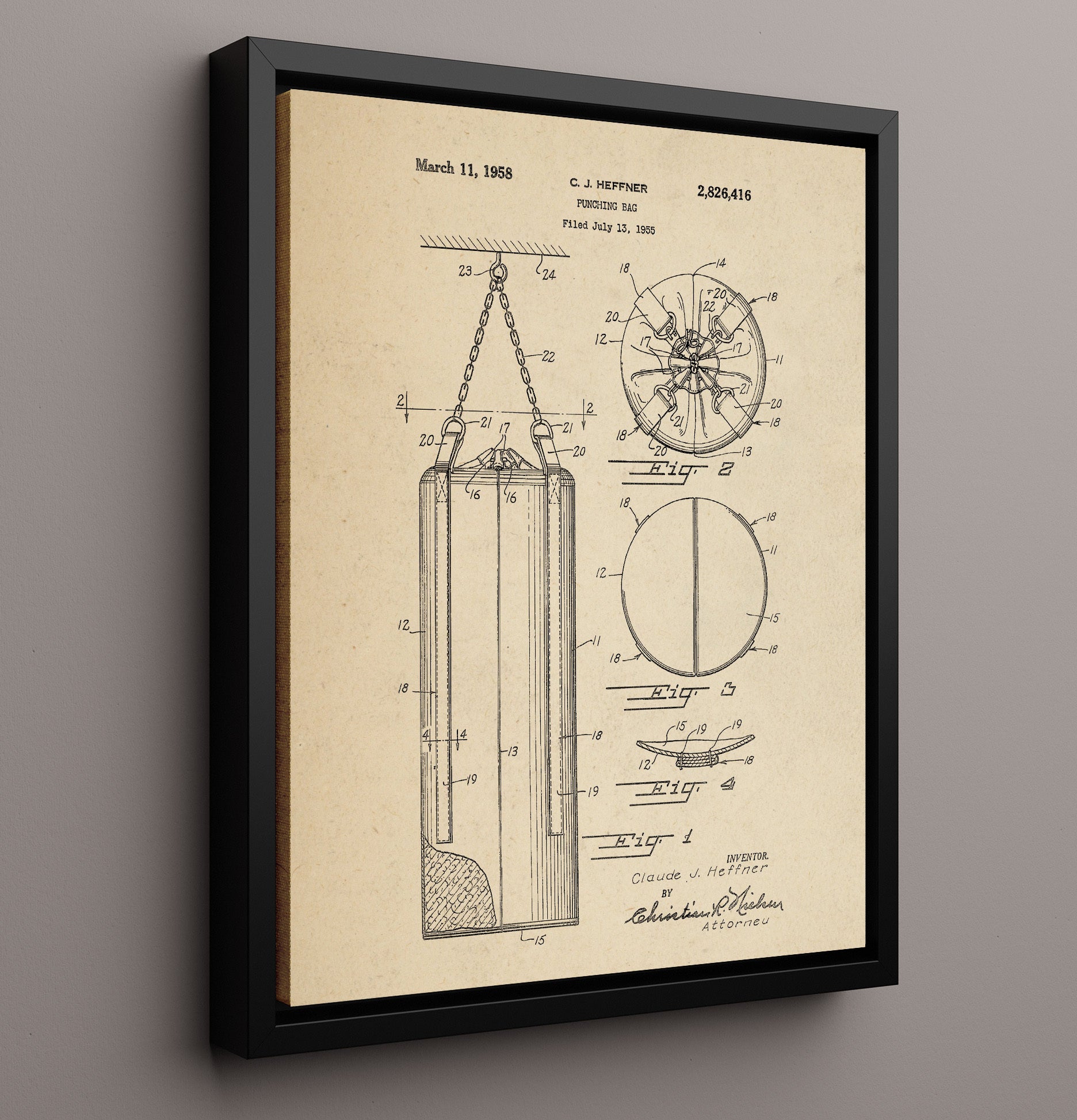 Patent Print - Punching Bag - C J Heffner - 1958 - Patent 2826416 Patent Wall Art