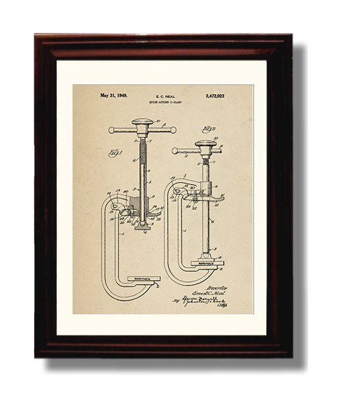Patent Print - Quick-Acting C-Clamp - E. C. Neal - 1949 - Patent 2472022 Patent Wall Art