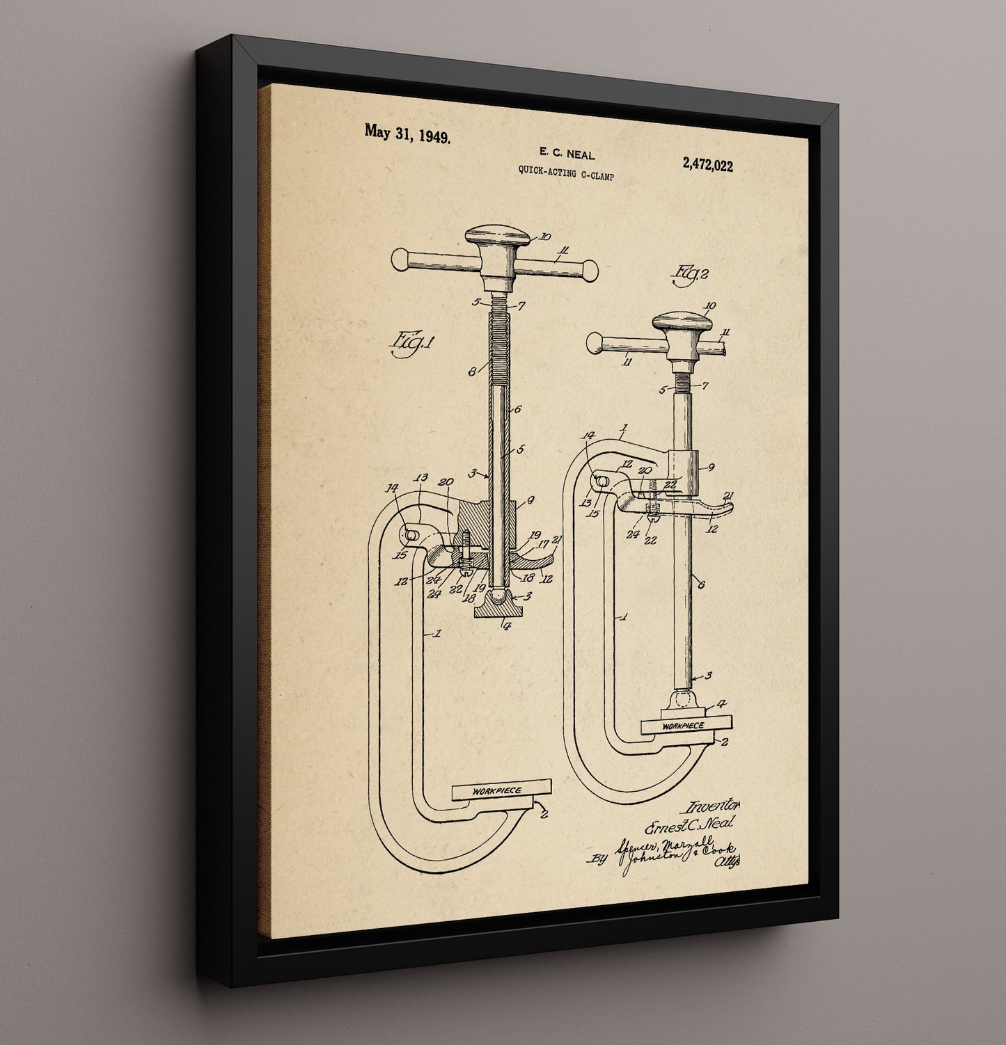 Patent Print - Quick-Acting C-Clamp - E. C. Neal - 1949 - Patent 2472022 Patent Wall Art