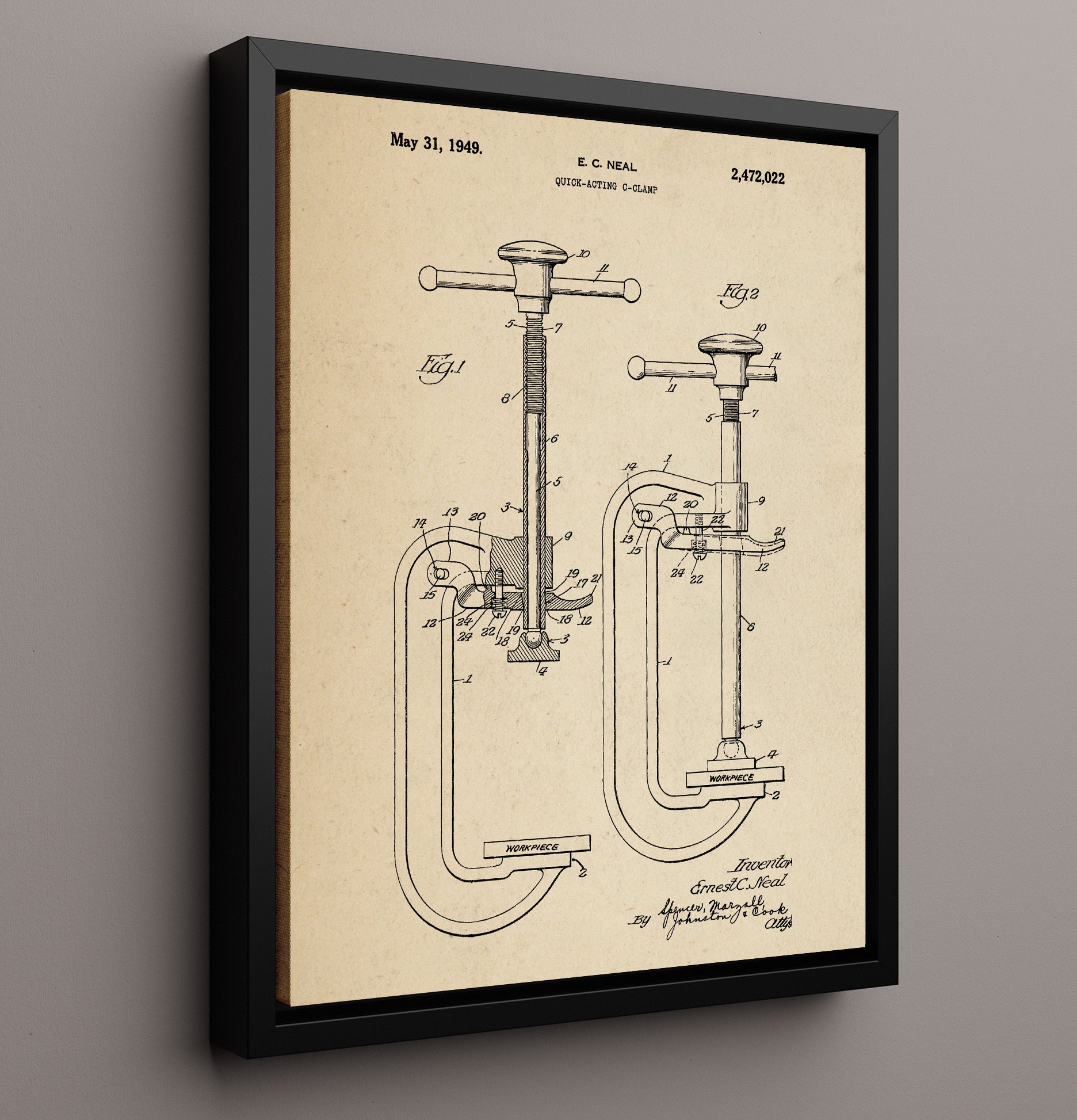 Patent Print - Quick-Acting C-Clamp - E. C. Neal - 1949 - Patent 2472022 Patent Wall Art
