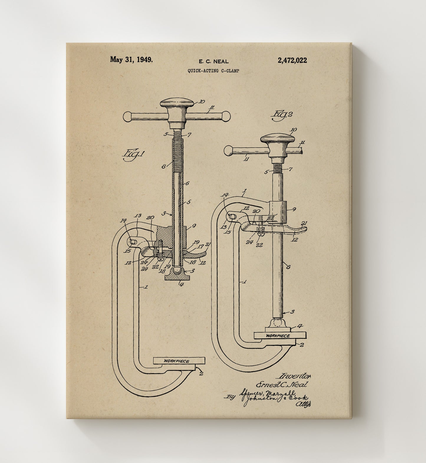 Patent Print - Quick-Acting C-Clamp - E. C. Neal - 1949 - Patent 2472022 Patent Wall Art