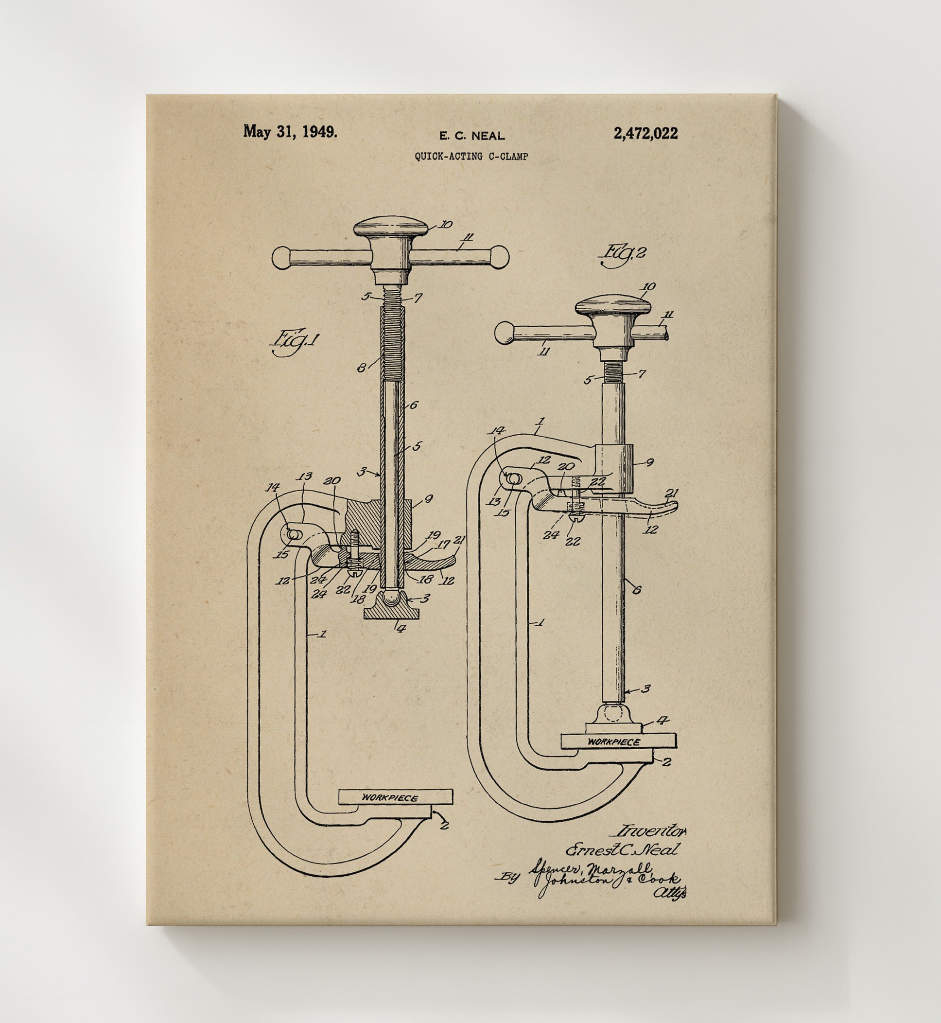 Patent Print - Quick-Acting C-Clamp - E. C. Neal - 1949 - Patent 2472022 Patent Wall Art