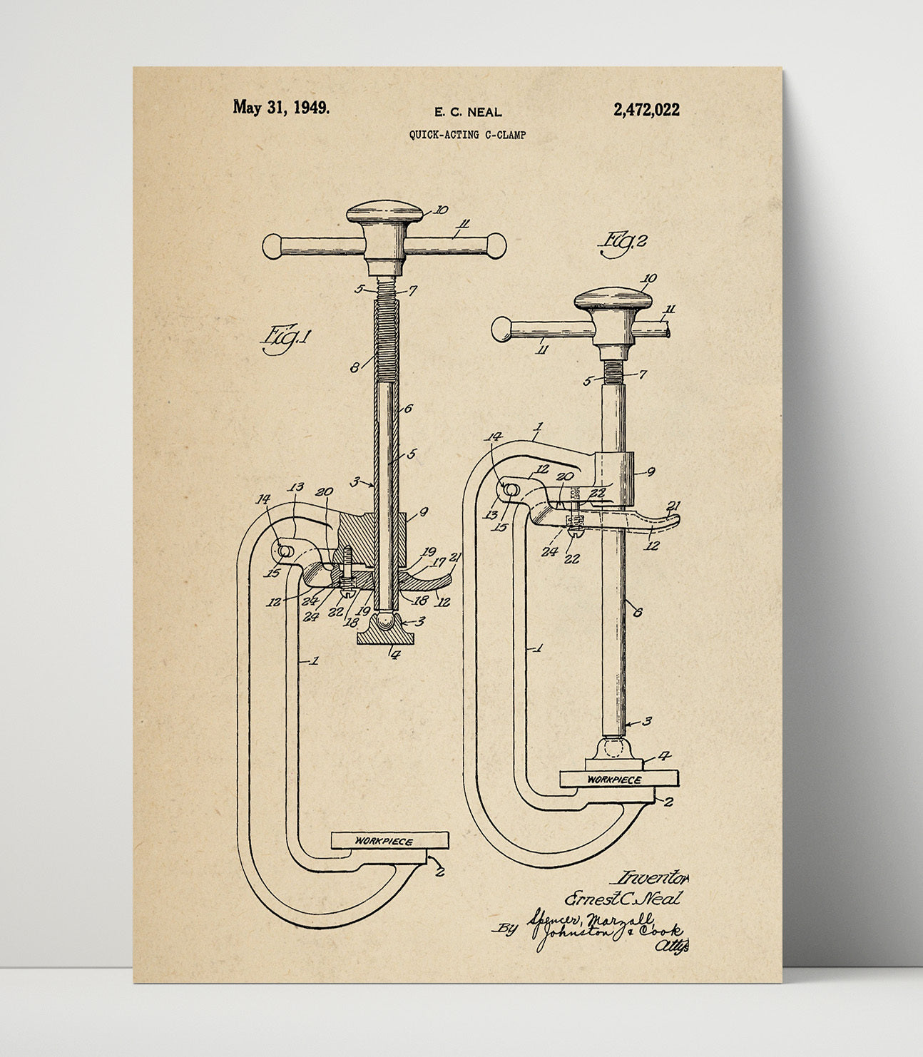 Patent Print - Quick-Acting C-Clamp - E. C. Neal - 1949 - Patent 2472022 Patent Wall Art