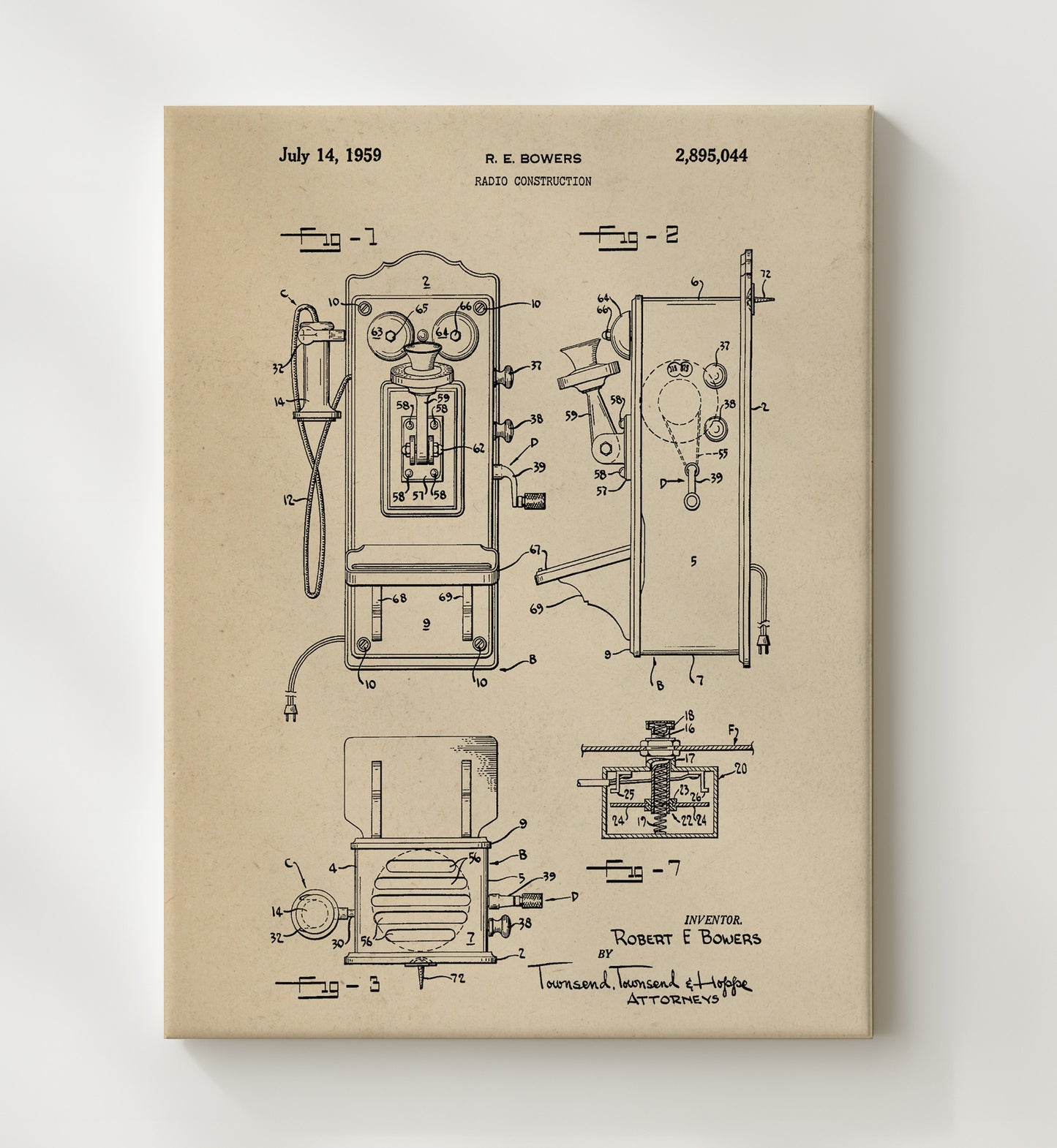 Patent Print - Radio Construction - Robert E Bowers - 1959 - Patent 2895044 Patent Wall Art