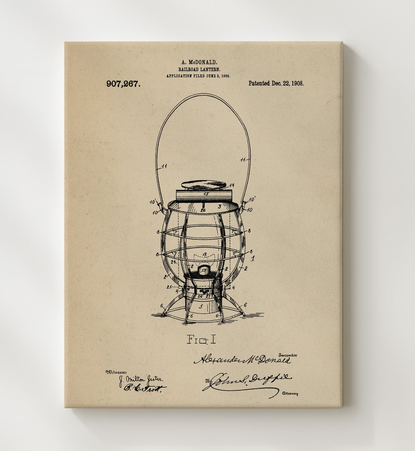 Patent Print - Railroad Lantern - A. Mcdonald - 1908 - Patent 907267 Patent Wall Art
