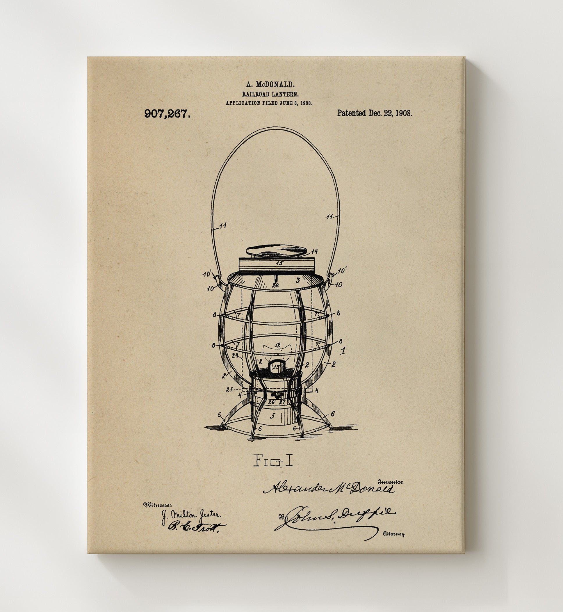 Patent Print - Railroad Lantern - A. Mcdonald - 1908 - Patent 907267 Patent Wall Art