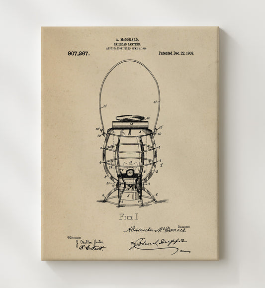 Railroad Lantern 1908 patent print wall art 8x10 Canvas