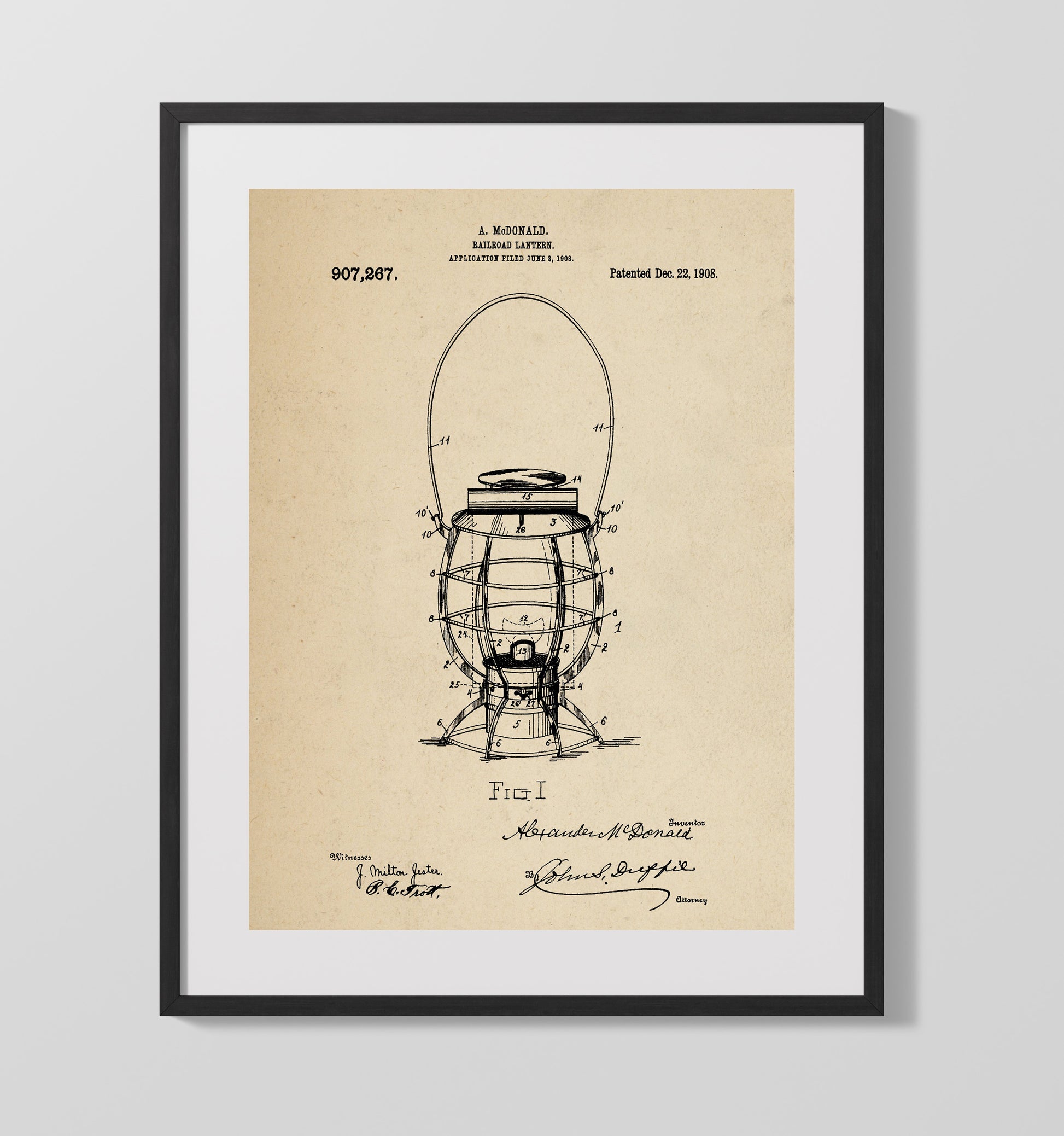 Patent Print - Railroad Lantern - A. Mcdonald - 1908 - Patent 907267 Patent Wall Art