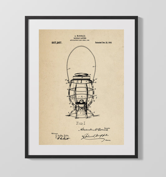 Railroad Lantern - 1908 Patent - 16x20 Gallery Frame