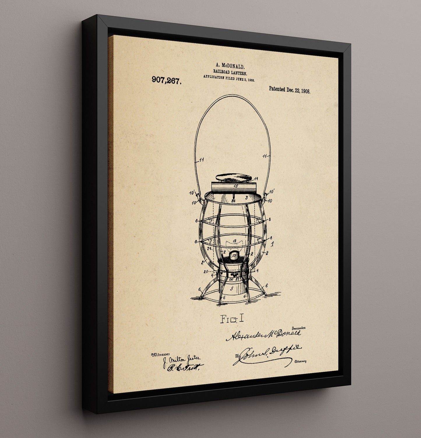 Patent Print - Railroad Lantern - A. Mcdonald - 1908 - Patent 907267 Patent Wall Art