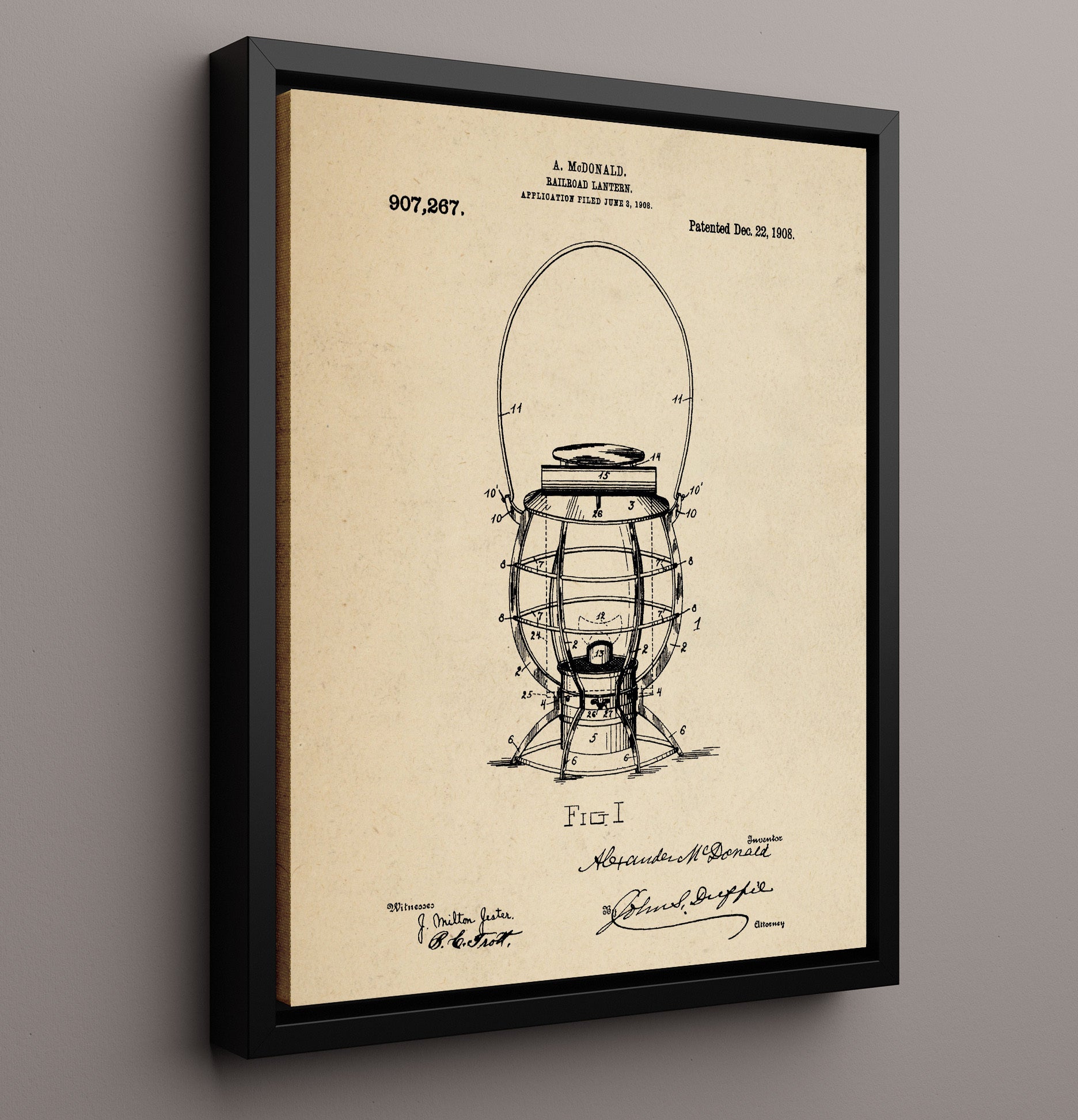 Patent Print - Railroad Lantern - A. Mcdonald - 1908 - Patent 907267 Patent Wall Art
