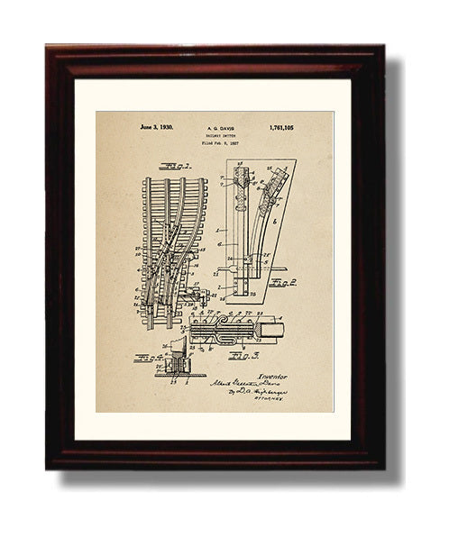 Patent Print - Railway Switch - Albert Gaustin Davis - 1930 - Patent 1761105 Patent Wall Art