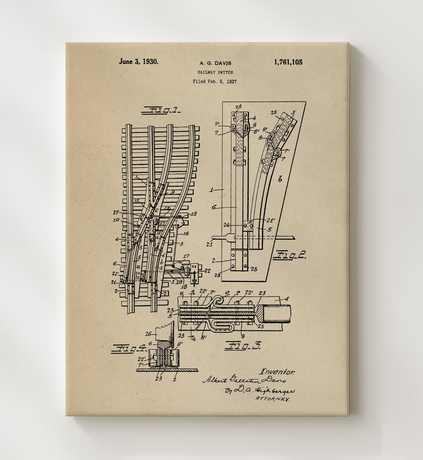 Patent Print - Railway Switch - Albert Gaustin Davis - 1930 - Patent 1761105 Patent Wall Art