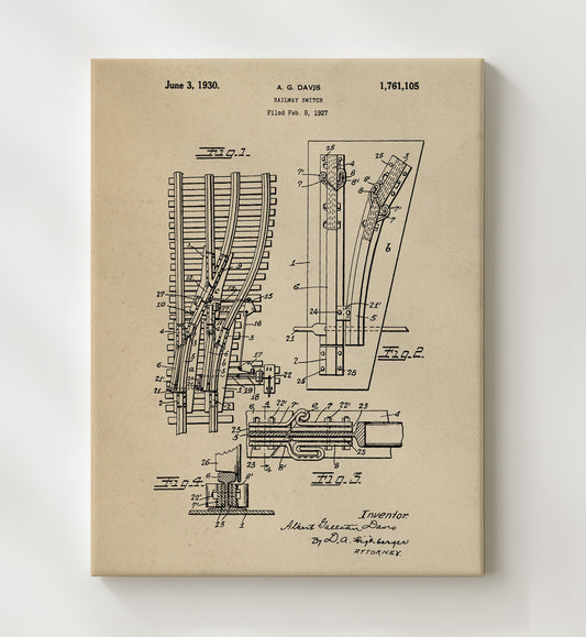 Railway Switch 1930 patent print wall art 8x10 Canvas