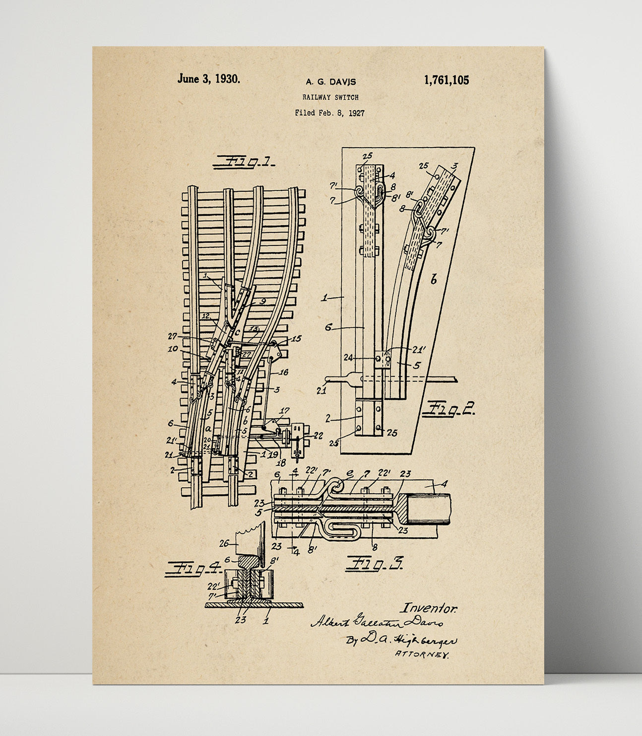Patent Print - Railway Switch - Albert Gaustin Davis - 1930 - Patent 1761105 Patent Wall Art