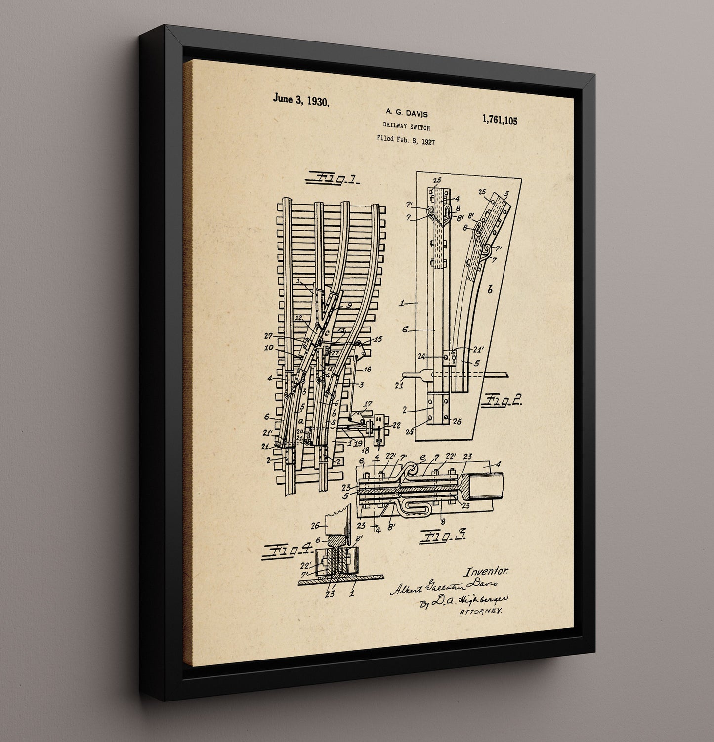 Patent Print - Railway Switch - Albert Gaustin Davis - 1930 - Patent 1761105 Patent Wall Art